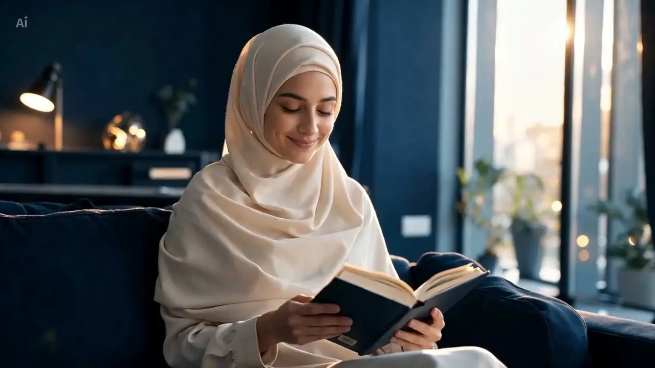 Femme musulmane en hijab clair, lumière douce d’intérieur, attitude calme, regard baissé vers un livre. Portrait d’ambiance Sakinah Focus.